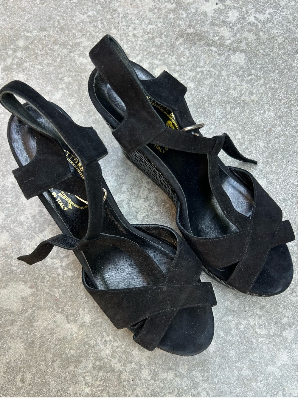 Black Suede Strappy Wedge Sandals -
